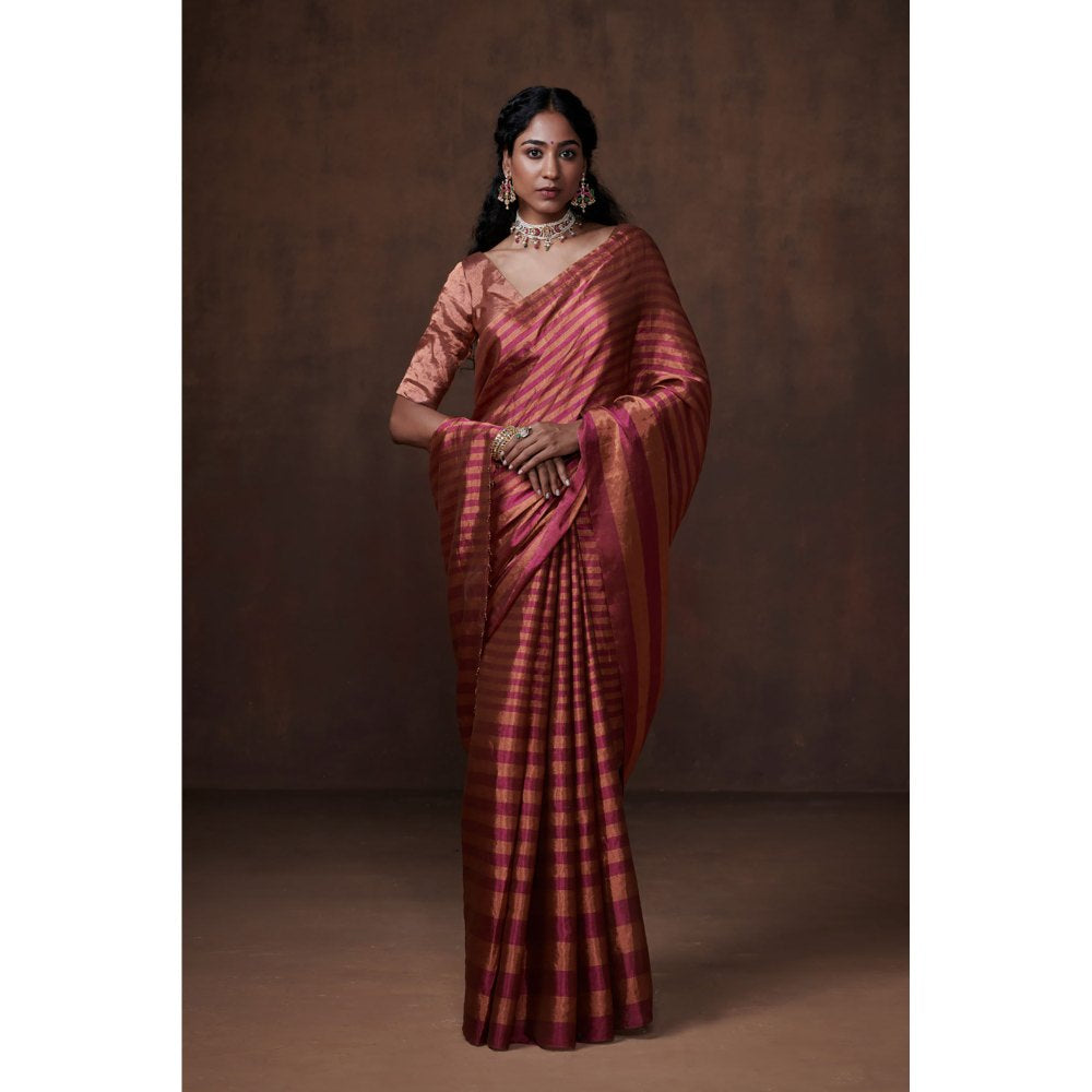 Dressfolk Magenta and Copper Stripes Handwoven Tissue Saree without Blouse
