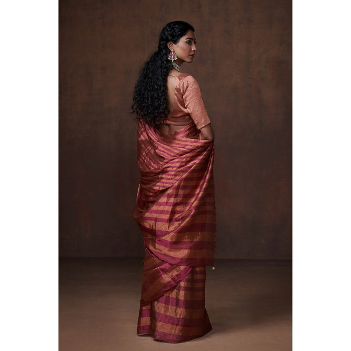 Dressfolk Magenta and Copper Stripes Handwoven Tissue Saree without Blouse