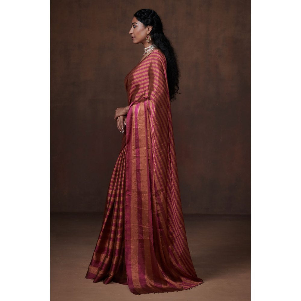 Dressfolk Magenta and Copper Stripes Handwoven Tissue Saree without Blouse