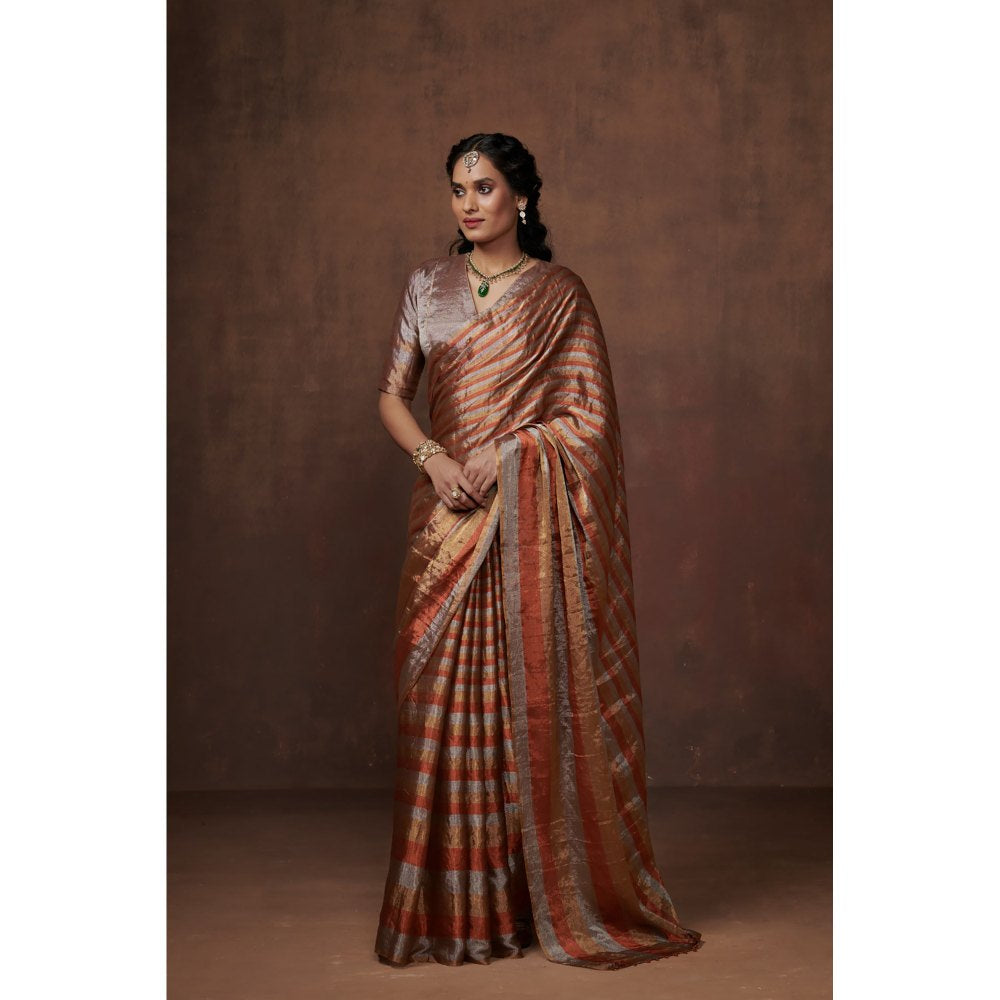 Dressfolk Silver, Gold and Copper Stripes Handwoven Tissue Saree without Blouse