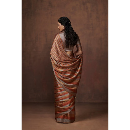Dressfolk Silver, Gold and Copper Stripes Handwoven Tissue Saree without Blouse