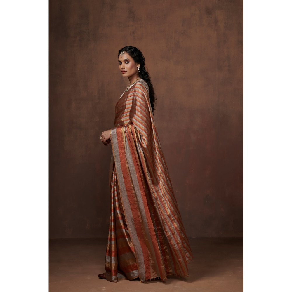 Dressfolk Silver, Gold and Copper Stripes Handwoven Tissue Saree without Blouse