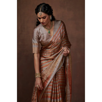 Dressfolk Silver, Gold and Copper Stripes Handwoven Tissue Saree without Blouse