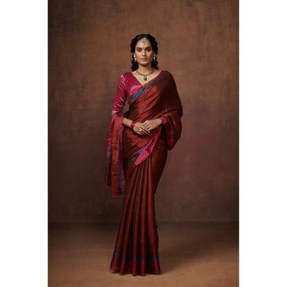 Dressfolk Maroon Handwoven Tissue Saree without Blouse