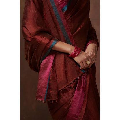 Dressfolk Maroon Handwoven Tissue Saree without Blouse