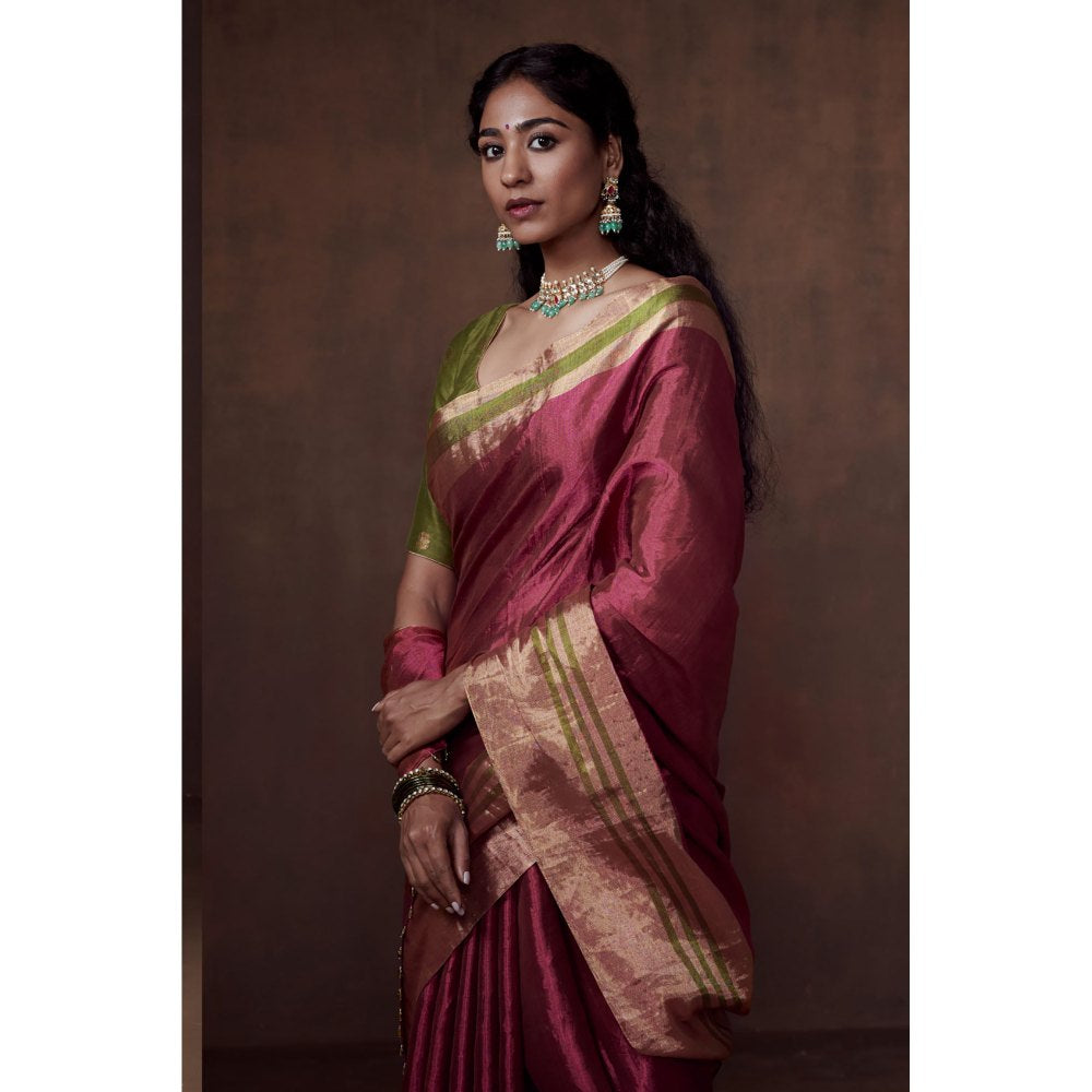 Dressfolk Deep Pink Chanderi Zari Tissue Saree without Blouse