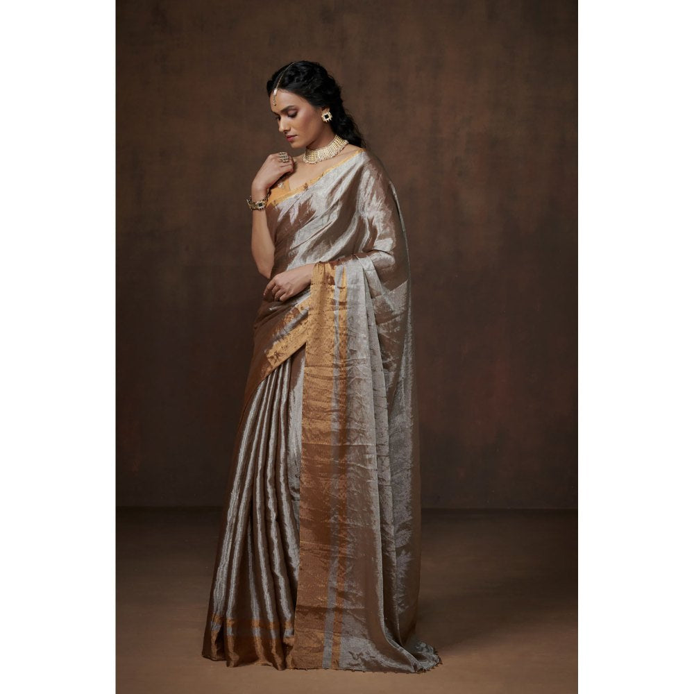 Dressfolk Metallic Silver Zari Tissue Saree without Blouse