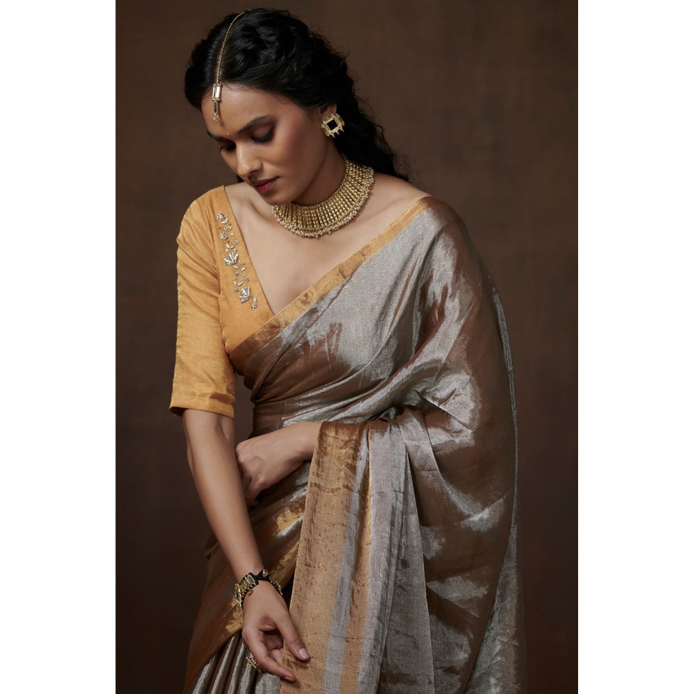 Dressfolk Metallic Silver Zari Tissue Saree without Blouse