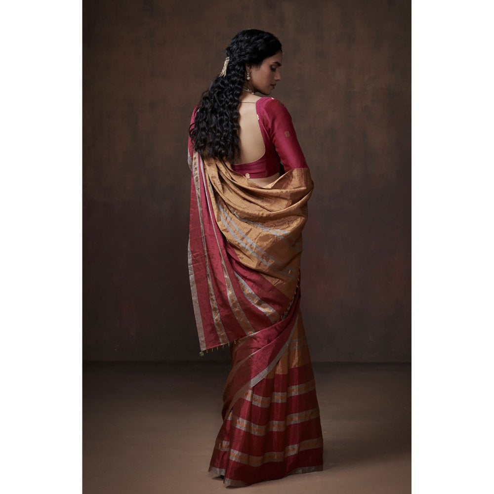 Dressfolk Classic Gold with Silver & Pink Zari Tissue Saree without Blouse