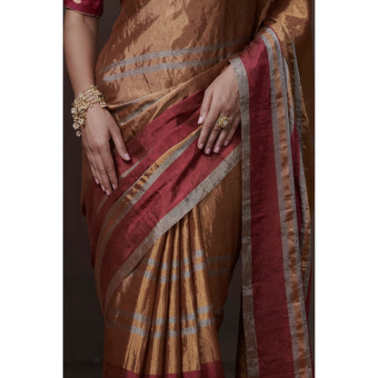 Dressfolk Classic Gold with Silver & Pink Zari Tissue Saree without Blouse