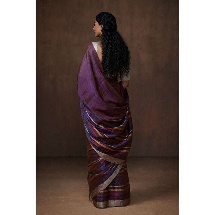 Dressfolk Distinctive Purple Chanderi Tissue Saree without Blouse with Colorful Zari Stripes