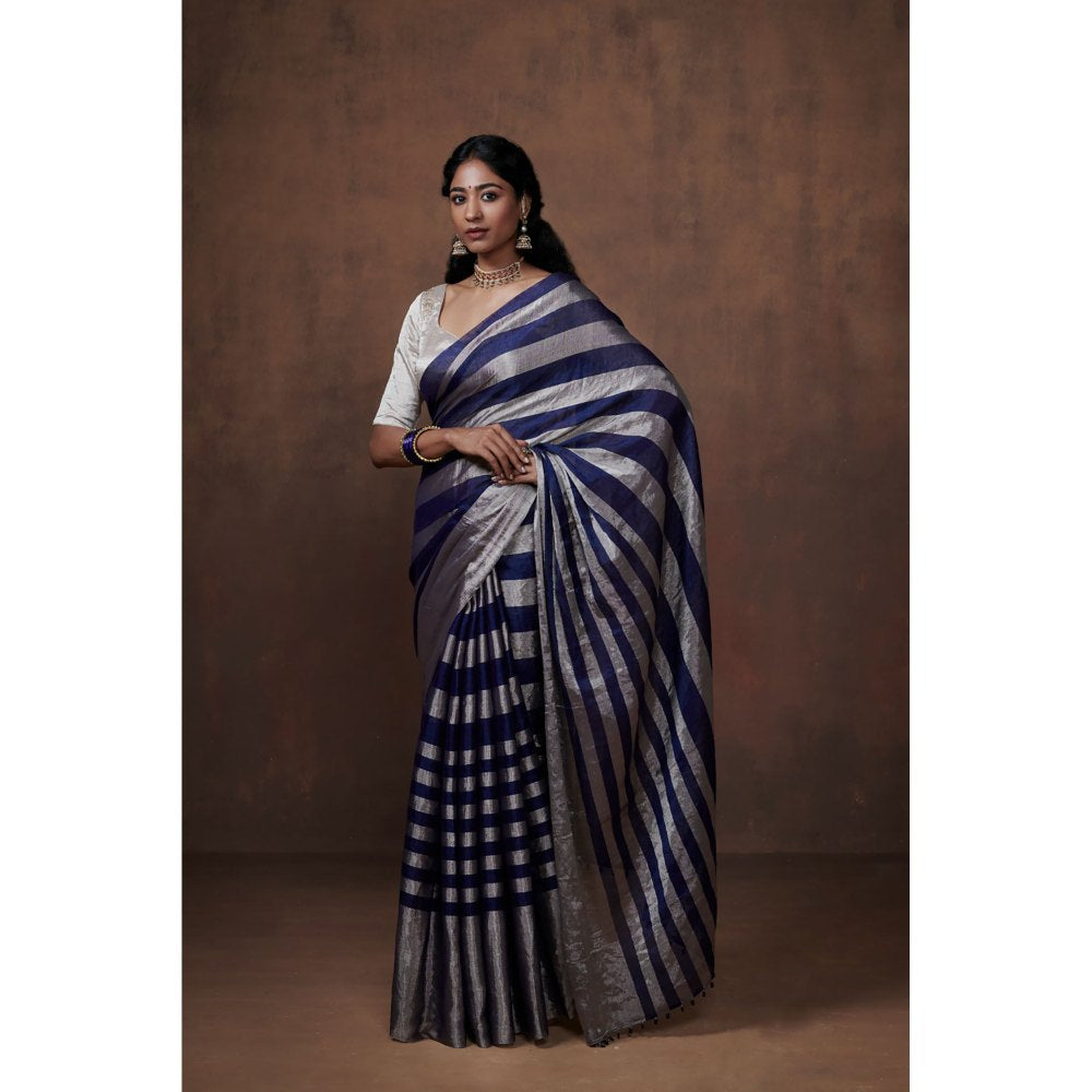 Dressfolk Silver and Navy Blue Stripes Chanderi Zari Tissue Saree without Blouse