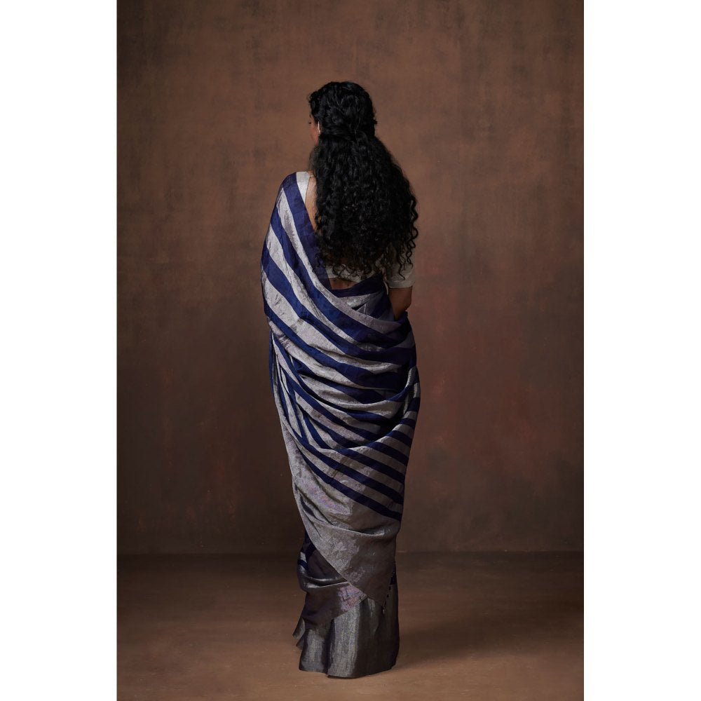 Dressfolk Silver and Navy Blue Stripes Chanderi Zari Tissue Saree without Blouse