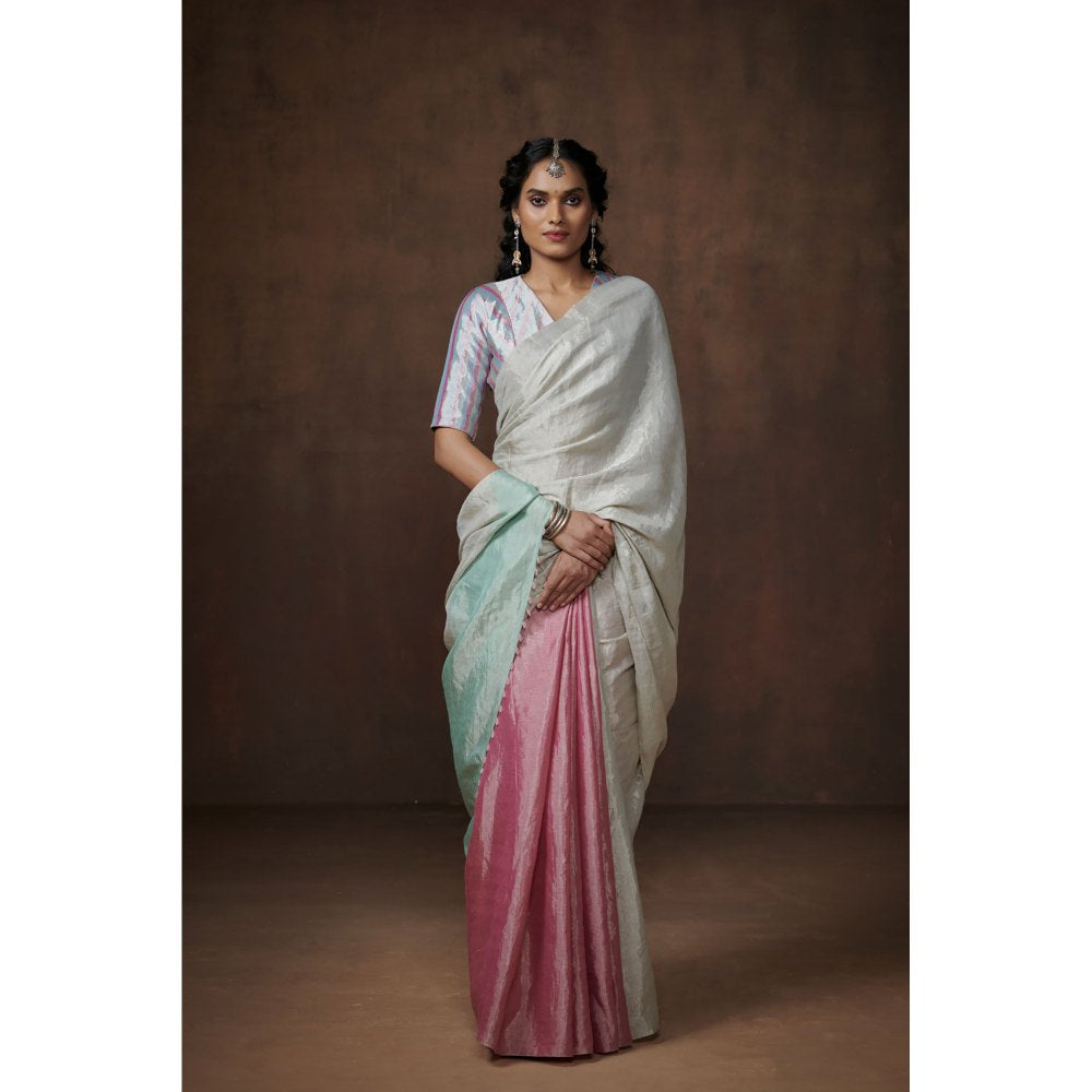 Dressfolk Light Pink, Silver and Aqua Chanderi Tissue Saree without Blouse