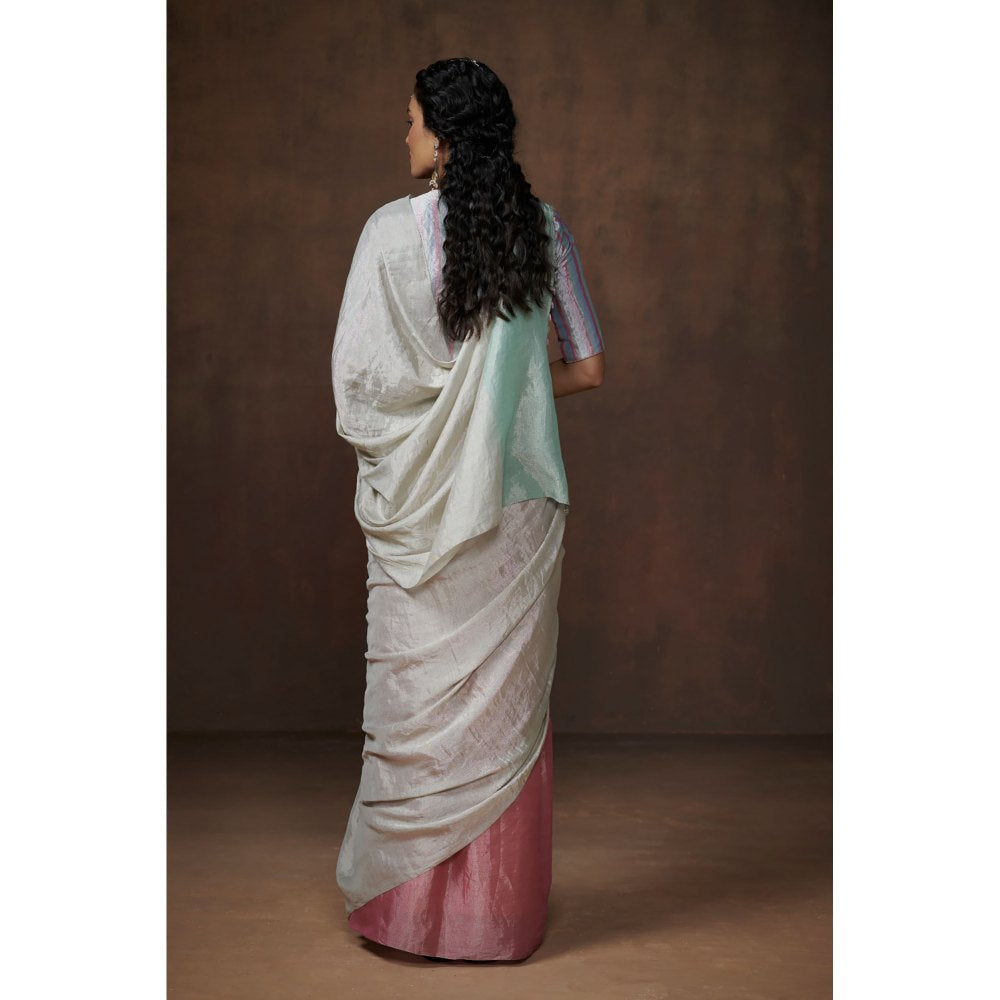 Dressfolk Light Pink, Silver and Aqua Chanderi Tissue Saree without Blouse