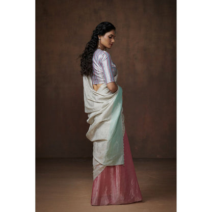 Dressfolk Light Pink, Silver and Aqua Chanderi Tissue Saree without Blouse