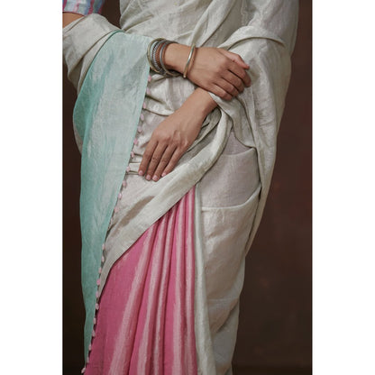 Dressfolk Light Pink, Silver and Aqua Chanderi Tissue Saree without Blouse