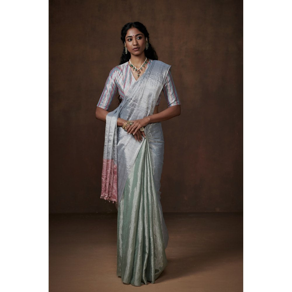 Dressfolk Aqua Blue Handwoven Chanderi Tissue Saree without Blouse