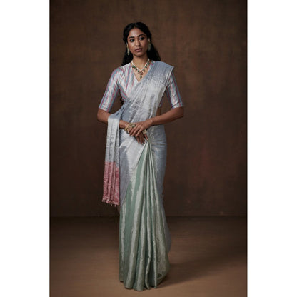 Dressfolk Aqua Blue Handwoven Chanderi Tissue Saree without Blouse