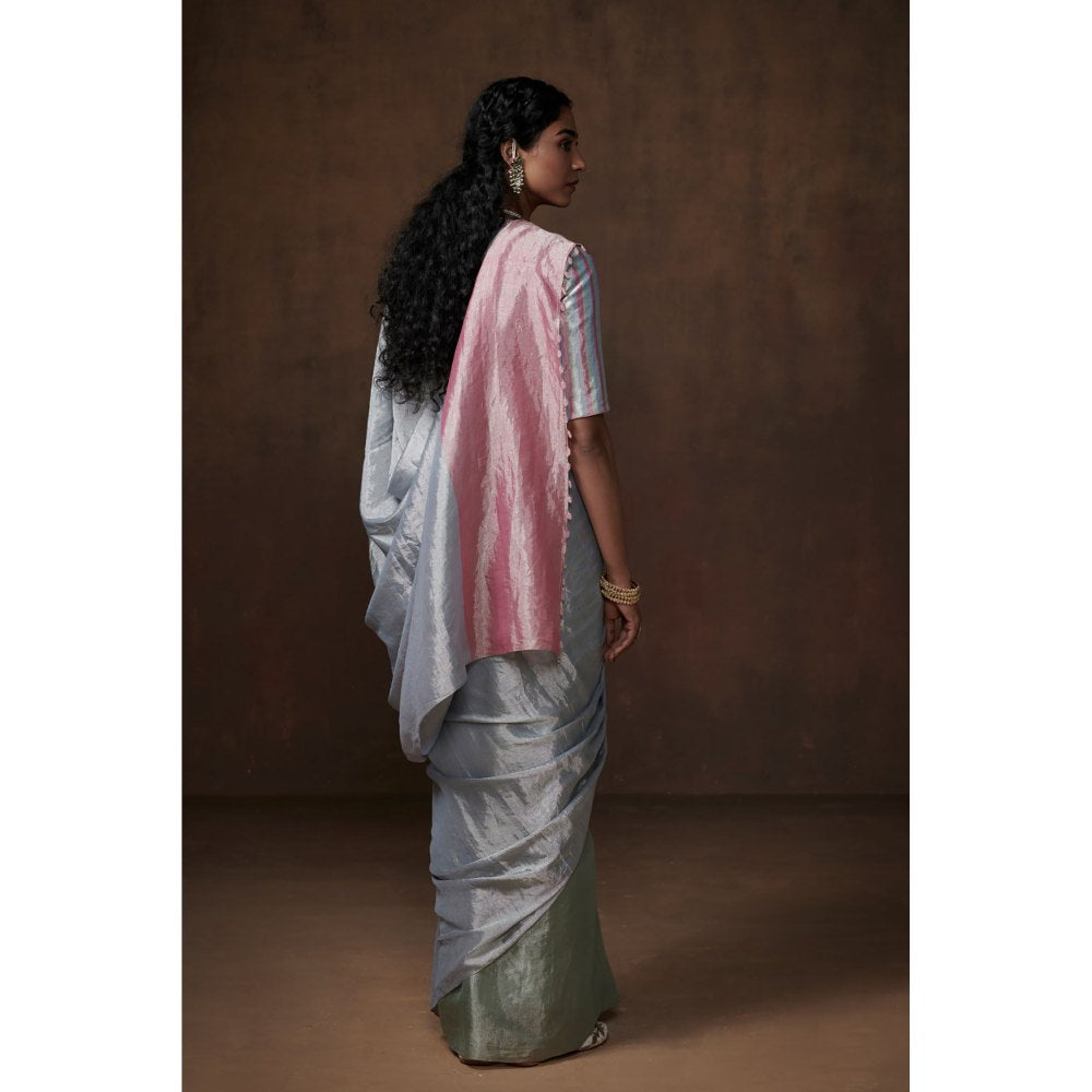 Dressfolk Aqua Blue Handwoven Chanderi Tissue Saree without Blouse