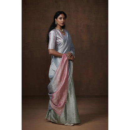 Dressfolk Aqua Blue Handwoven Chanderi Tissue Saree without Blouse