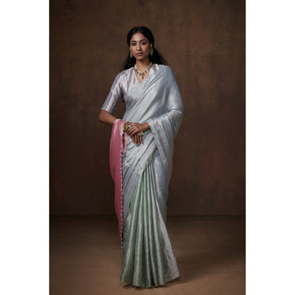 Dressfolk Aqua Blue Handwoven Chanderi Tissue Saree without Blouse