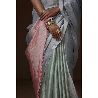 Dressfolk Aqua Blue Handwoven Chanderi Tissue Saree without Blouse
