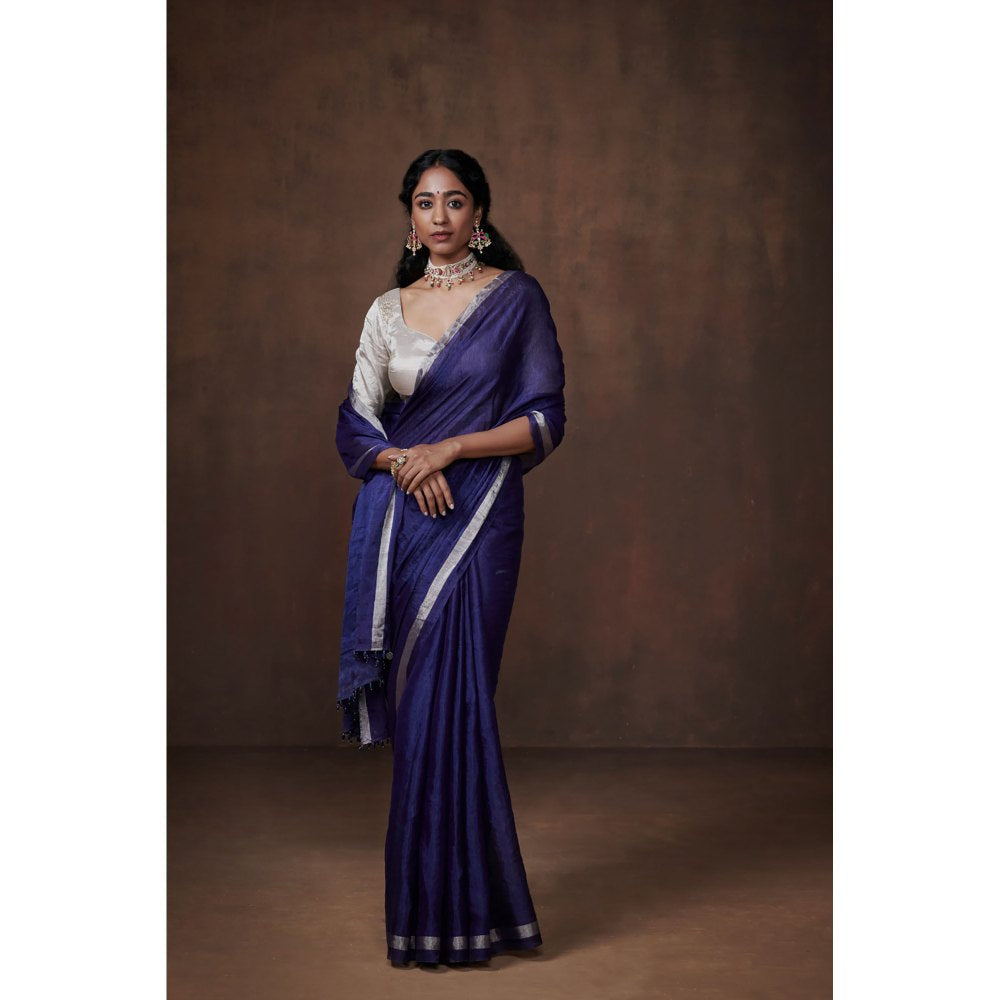 Dressfolk Classic Navy Blue Chanderi Tissue Saree without Blouse with Silver Zari Border