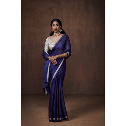 Dressfolk Classic Navy Blue Chanderi Tissue Saree without Blouse with Silver Zari Border