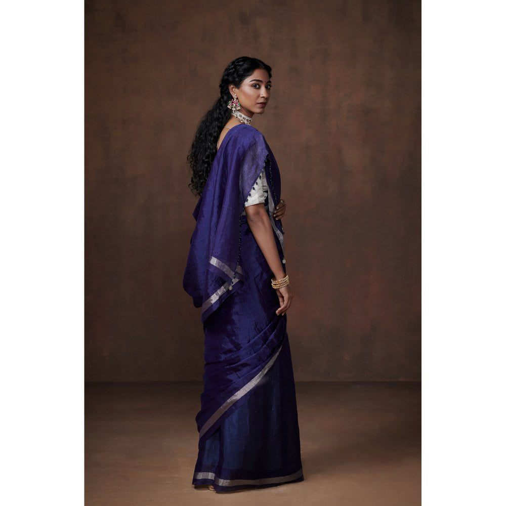 Dressfolk Classic Navy Blue Chanderi Tissue Saree without Blouse with Silver Zari Border
