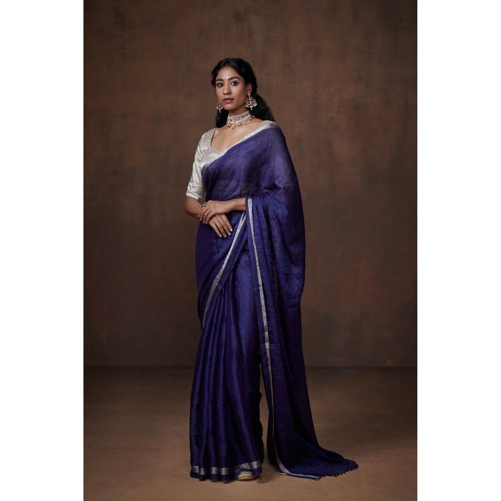 Dressfolk Classic Navy Blue Chanderi Tissue Saree without Blouse with Silver Zari Border