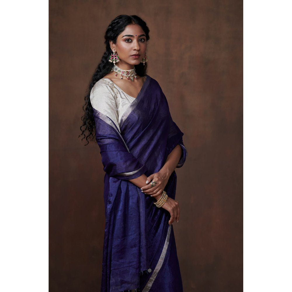 Dressfolk Classic Navy Blue Chanderi Tissue Saree without Blouse with Silver Zari Border