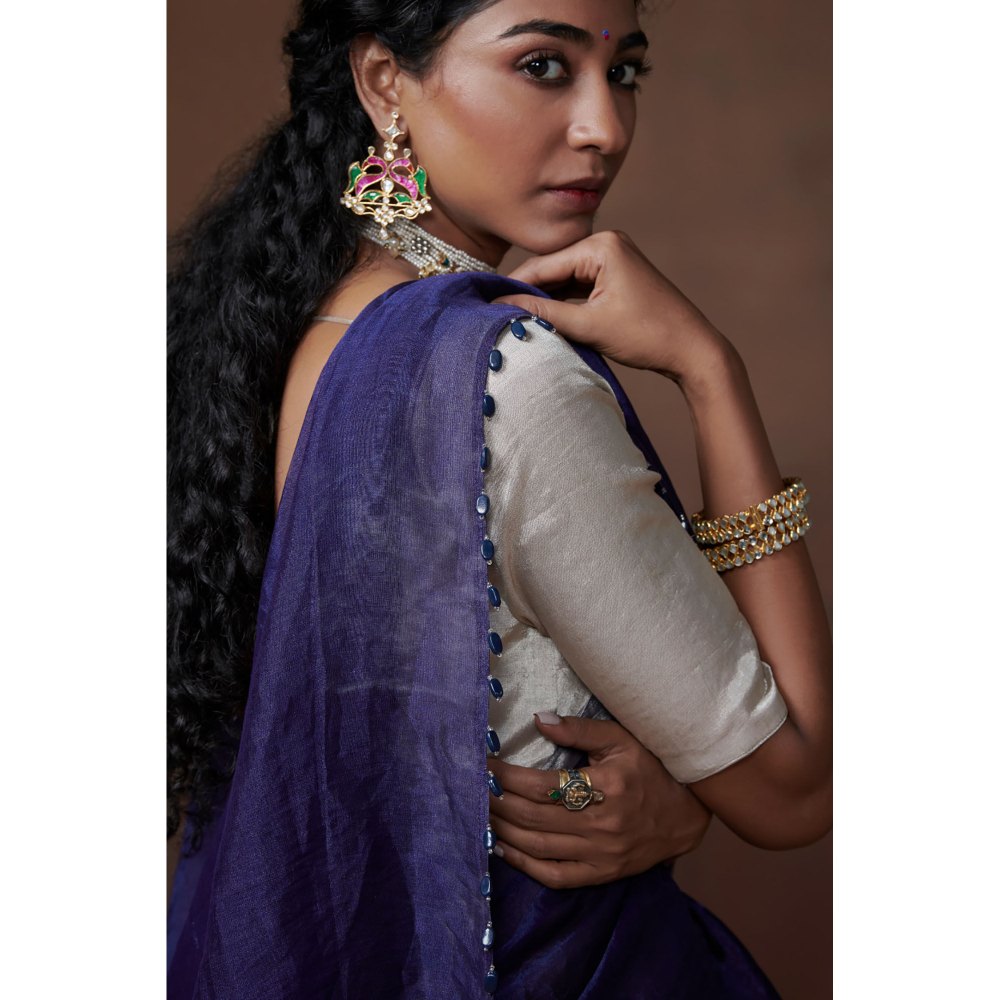 Dressfolk Classic Navy Blue Chanderi Tissue Saree without Blouse with Silver Zari Border