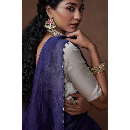 Dressfolk Classic Navy Blue Chanderi Tissue Saree without Blouse with Silver Zari Border