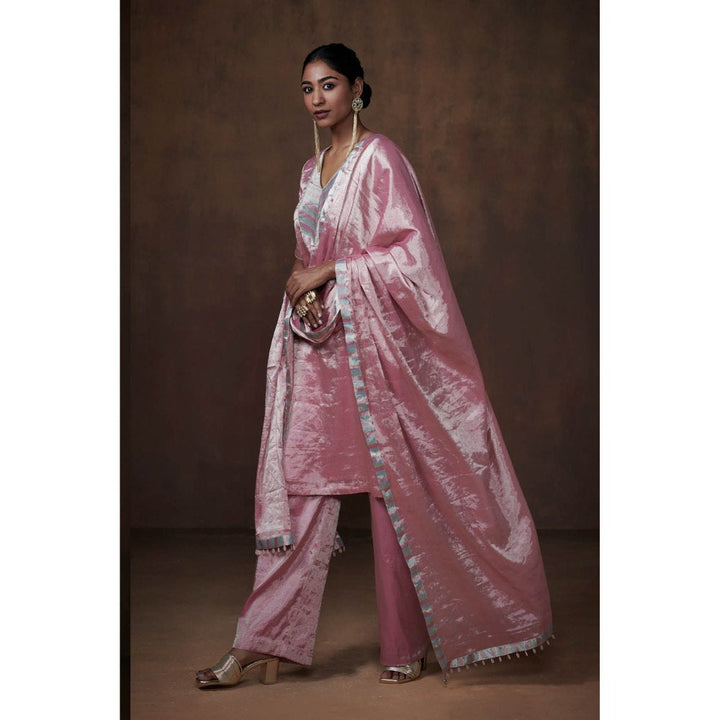 Dressfolk Metallic Pink Tissue Kurta Handwoven Chanderi Elegance (Set of 3)