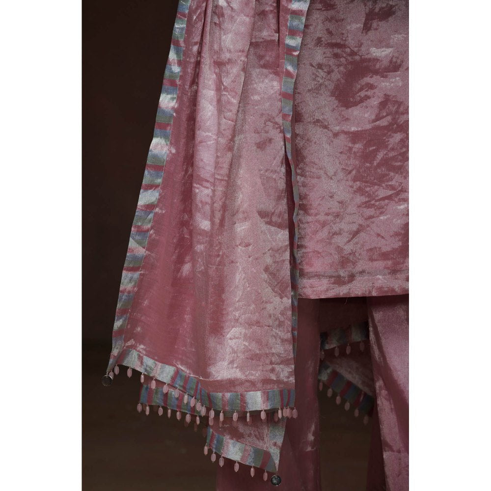 Dressfolk Metallic Pink Tissue Kurta Handwoven Chanderi Elegance (Set of 3)
