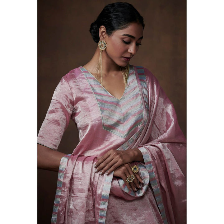 Dressfolk Metallic Pink Tissue Kurta Handwoven Chanderi Elegance (Set of 3)