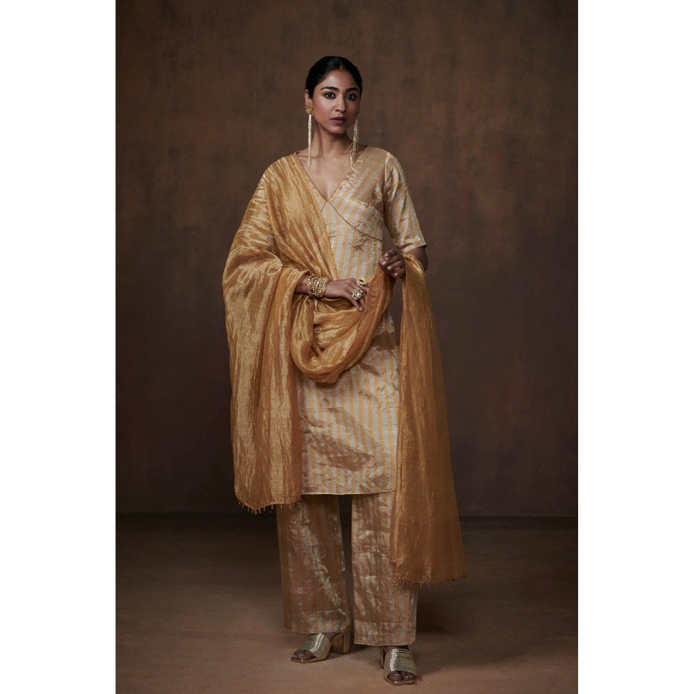 Dressfolk Gold & Silver Striped Tissue Kurta Ethereal Ensemble (Set of 3)