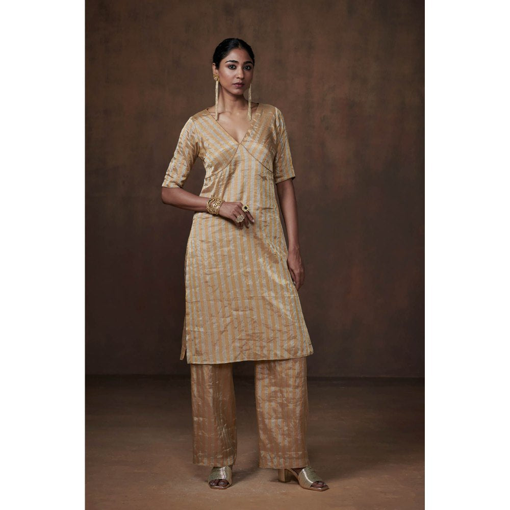 Dressfolk Gold & Silver Striped Tissue Kurta Ethereal Ensemble (Set of 3)