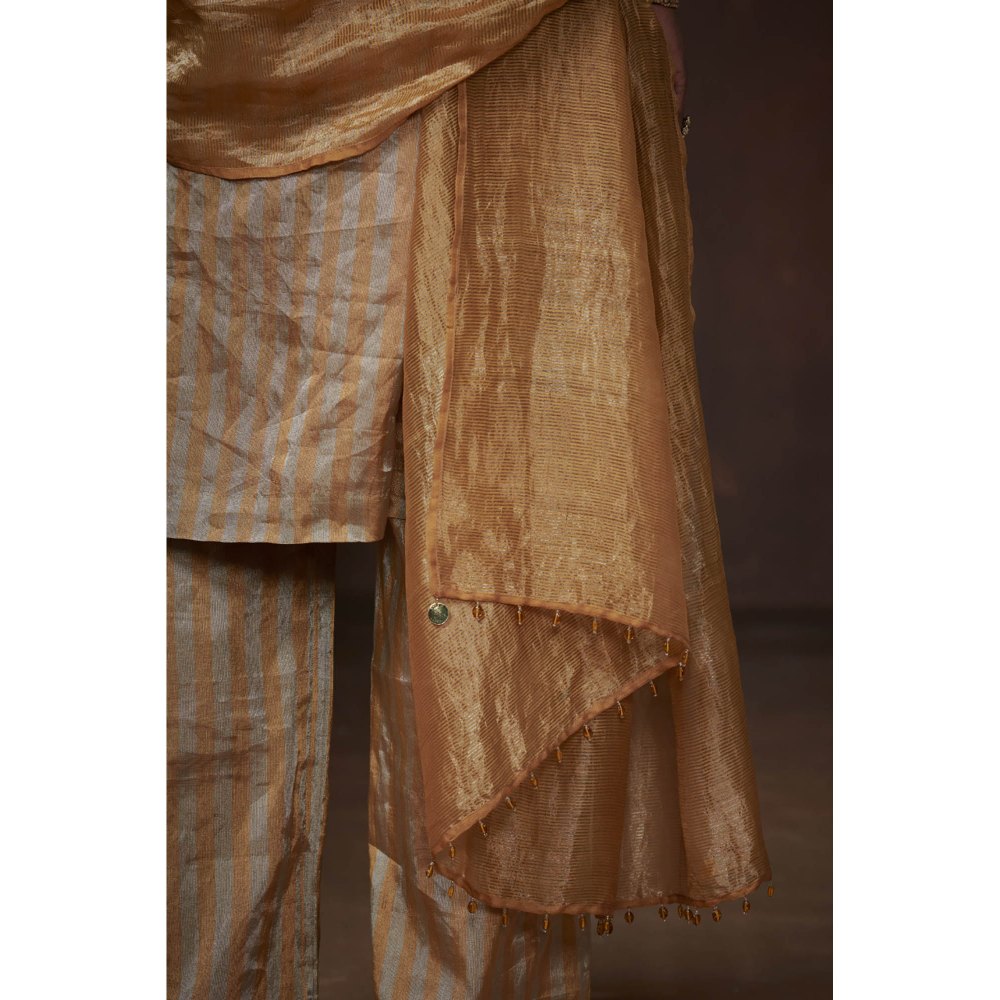 Dressfolk Gold & Silver Striped Tissue Kurta Ethereal Ensemble (Set of 3)