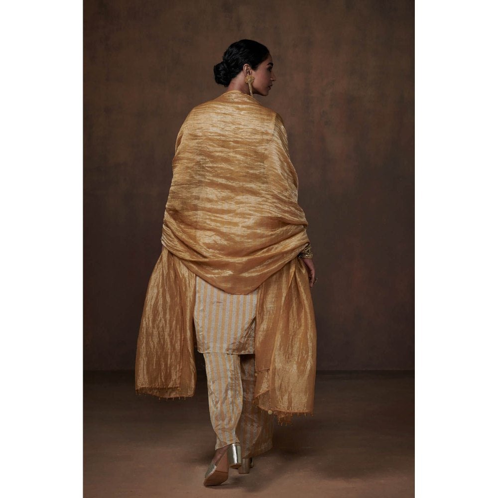 Dressfolk Gold & Silver Striped Tissue Kurta Ethereal Ensemble (Set of 3)