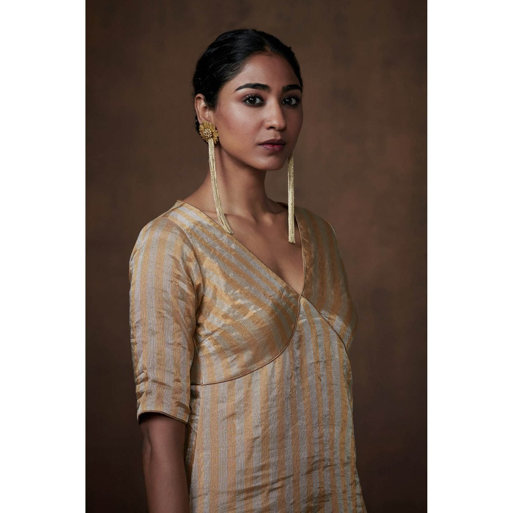 Dressfolk Gold & Silver Striped Tissue Kurta Ethereal Ensemble (Set of 3)