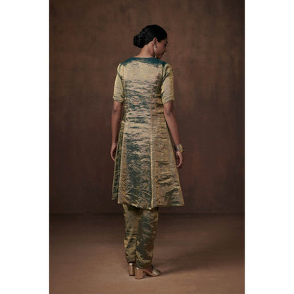 Dressfolk Teal Metallic Tissue Kalidar Kurta Subtle Grace (Set of 3)