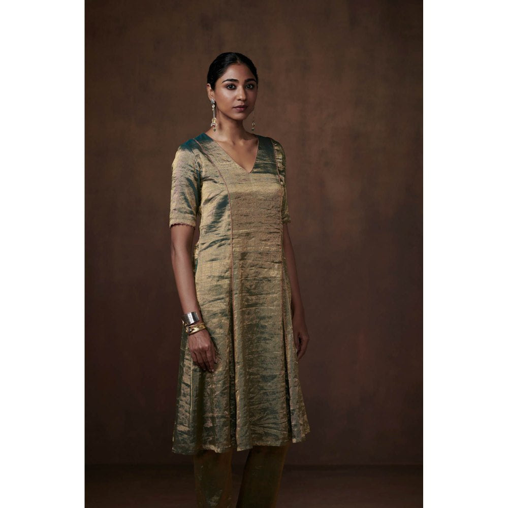 Dressfolk Teal Metallic Tissue Kalidar Kurta Subtle Grace (Set of 3)