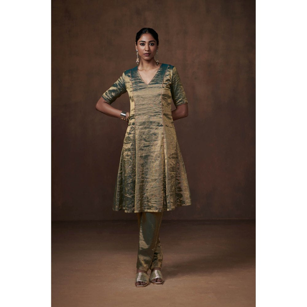 Dressfolk Teal Metallic Tissue Kalidar Kurta Subtle Grace (Set of 3)