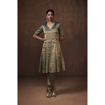 Dressfolk Teal Metallic Tissue Kalidar Kurta Subtle Grace (Set of 3)