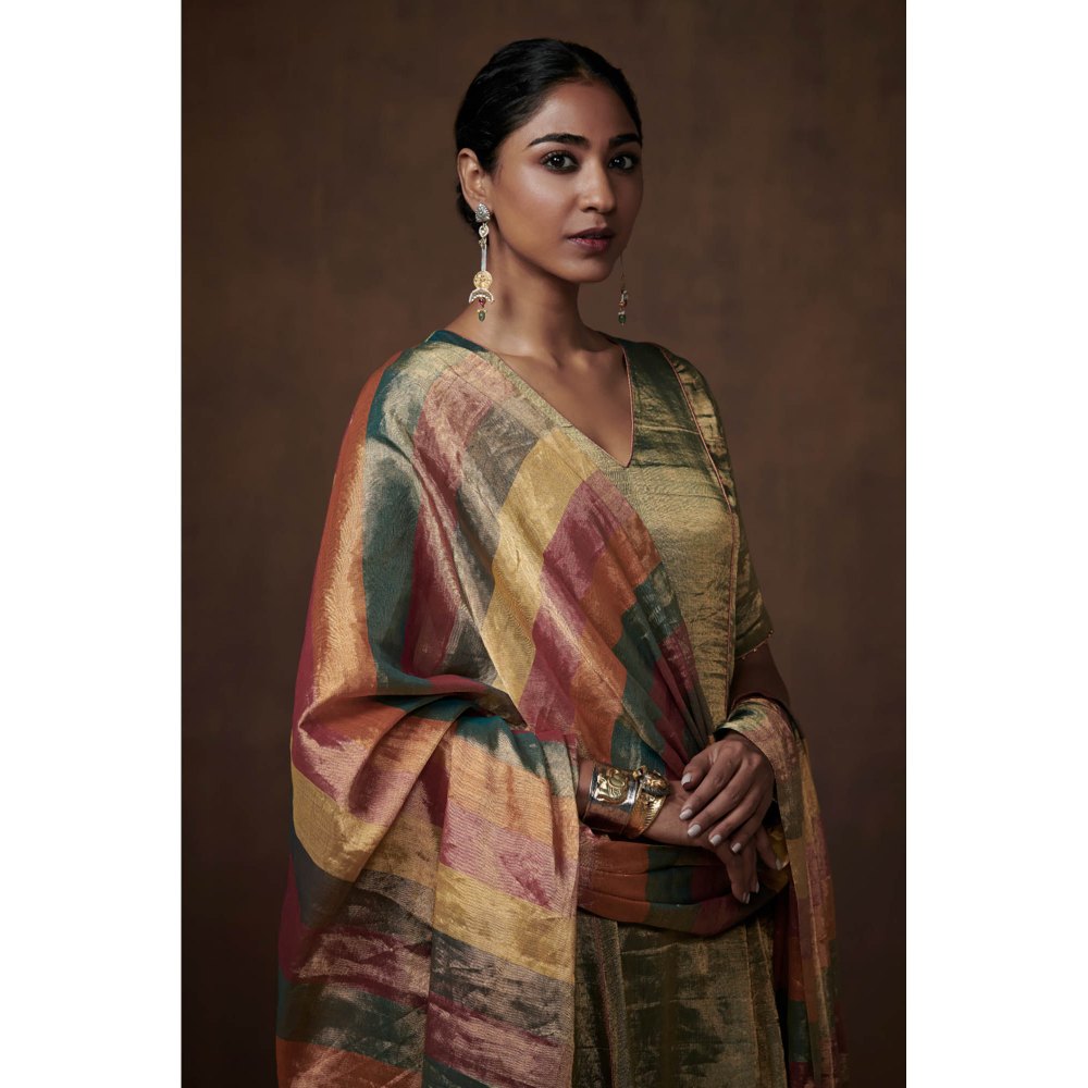 Dressfolk Teal Metallic Tissue Kalidar Kurta Subtle Grace (Set of 3)