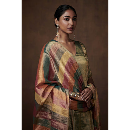 Dressfolk Teal Metallic Tissue Kalidar Kurta Subtle Grace (Set of 3)