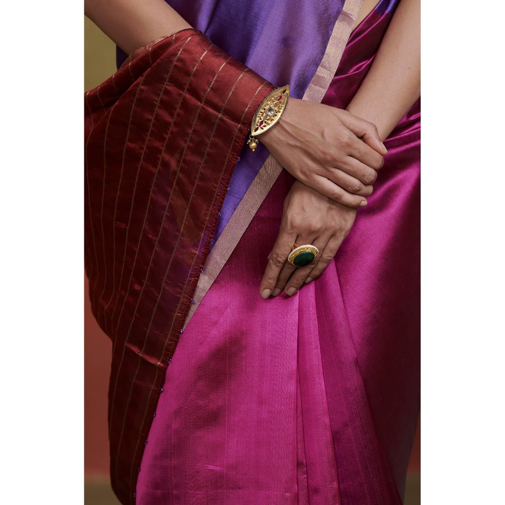 Dressfolk Handloom Chanderi Silk Saree In Magenta Purple and Maroon without Blouse