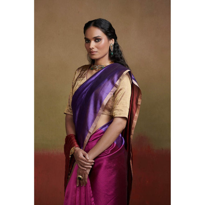 Dressfolk Handloom Chanderi Silk Saree In Magenta Purple and Maroon without Blouse